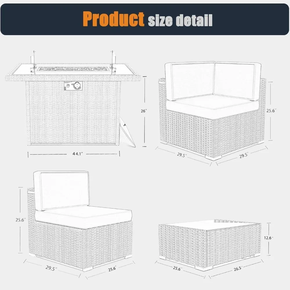 Juego de muebles de Patio con mesa de Pit de fuego de 44 ", juegos de conversación seccionales al aire libre, sofá de mimbre con mesa, 8 piezas
