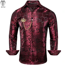 Luxury Silk Long Sleeve Mens Shirts Brooch Set Jacquard Woven Shirt for Male Men Wedding Business Party High Quality S to 3XL