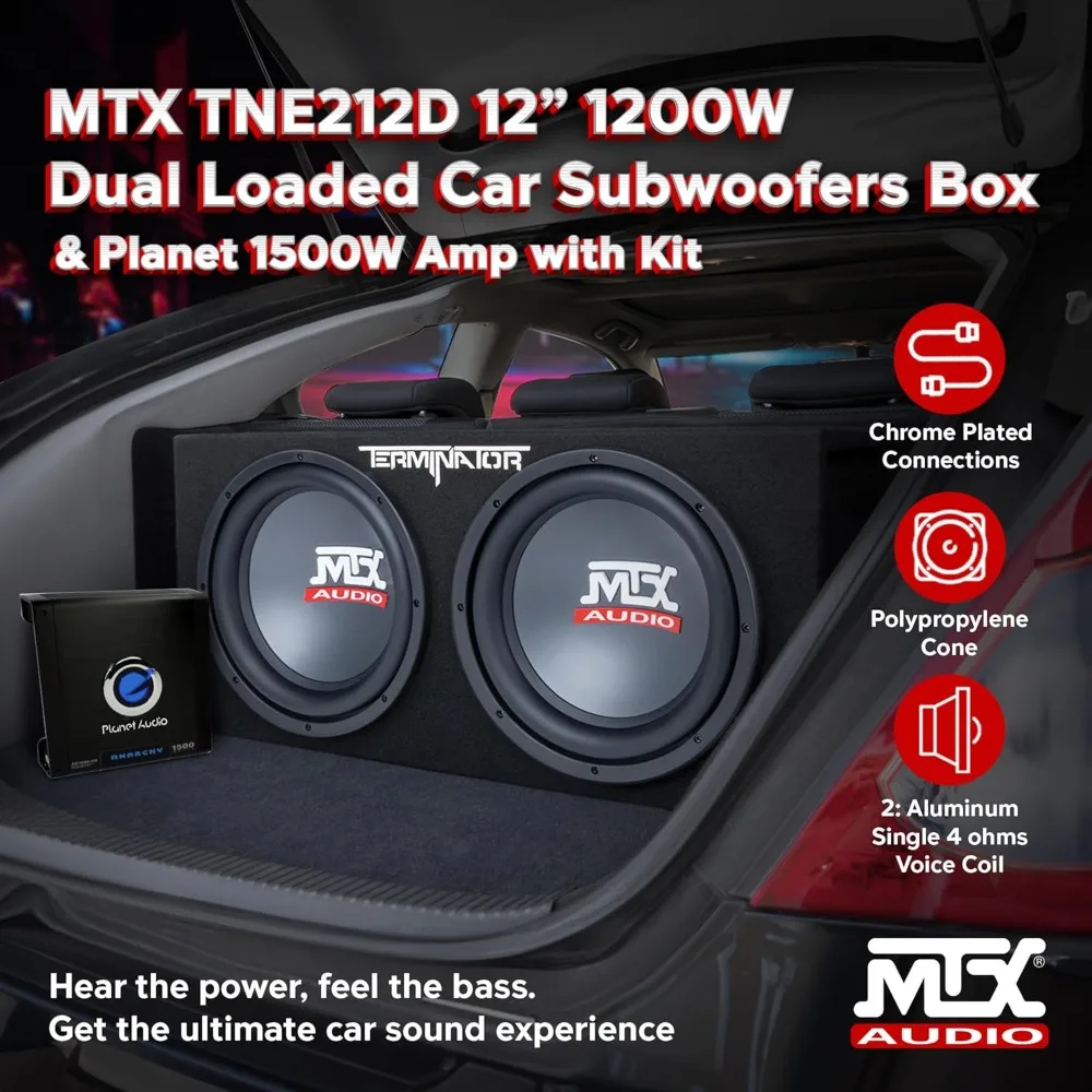 12-Inch Dual Subwoofer with Amp & Wiring Kit - Complete Car Sound System Bundle with 1200W Loaded Enclosure, Planet Audio Peak