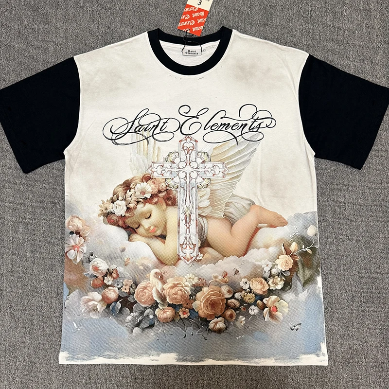 New ELEMENTS Short Sleeve Tee Retro Sleeping Angel Rose Graphic Oversized Casual T‑Shirt