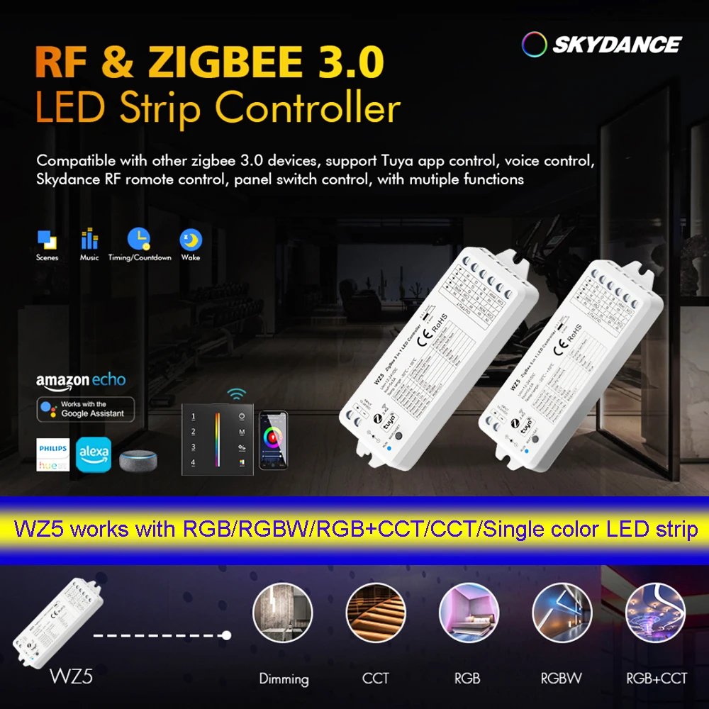 ZigBee RF 5 in 1 LED Controller 4 ZONE Wall Mounted Touch Panel APP Voice Smart 12V 24V LED Strip Dimmer KIT For Indoor Lighting