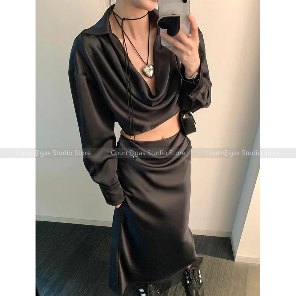 Senior sense of French swing collar long-sleeved shirt suit dress women 2024 new autumn half-body skirt two-piece set