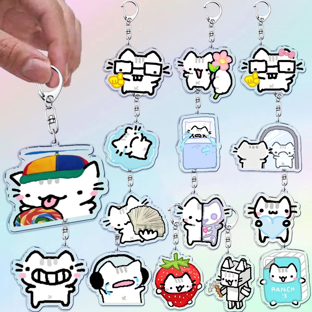 Cute Cat Cartoon Keychains for Accessories Bag Funny Meme Kawaii Strawberry Kitten KeyChain Ring Jewelry Fans Gifts Keyrings
