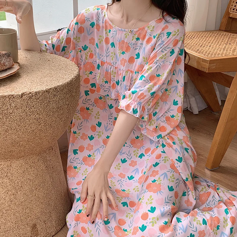 Summer Printed Cotton Silk Sleeping Skirt for Women Sweet Round Neck Short Sleeve Pajama Dress Female Home Furnishing Clothing