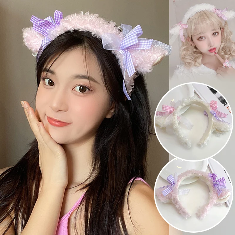 Cute Lolita Soft Sheep Horns Ears Hair Band Cute Kawaii Plush Bowknot Hairband KC Anime Cosplay Headwear Accessories