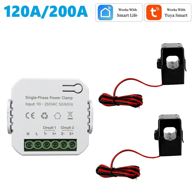 200A Tuya Smart WiFi Energy Meter with 2XCurrent Transformer Clamp 90- 250V KWh Power Monitor Electricity Statistics