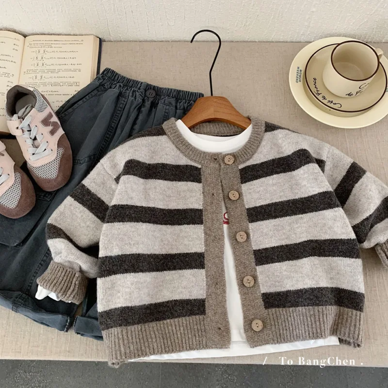 

Осень-зима 2022, детский свитер, пальто в полоску для мальчиков и девочек, куртка, вязаный кардиган, теплый топ для малышей 3-10 лет, верхняя одежда, мягкая