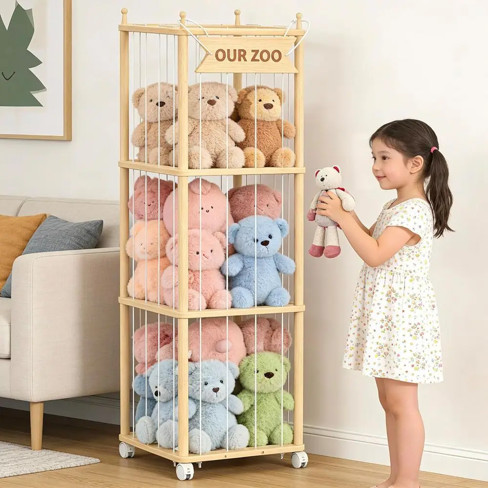 Animal Storage, Wooden Zoo Toy Organizer with Wheels & Hanging Net, Cute Plush Toy Display Stand for Kids Bedroom, Playroom & Nu view 3