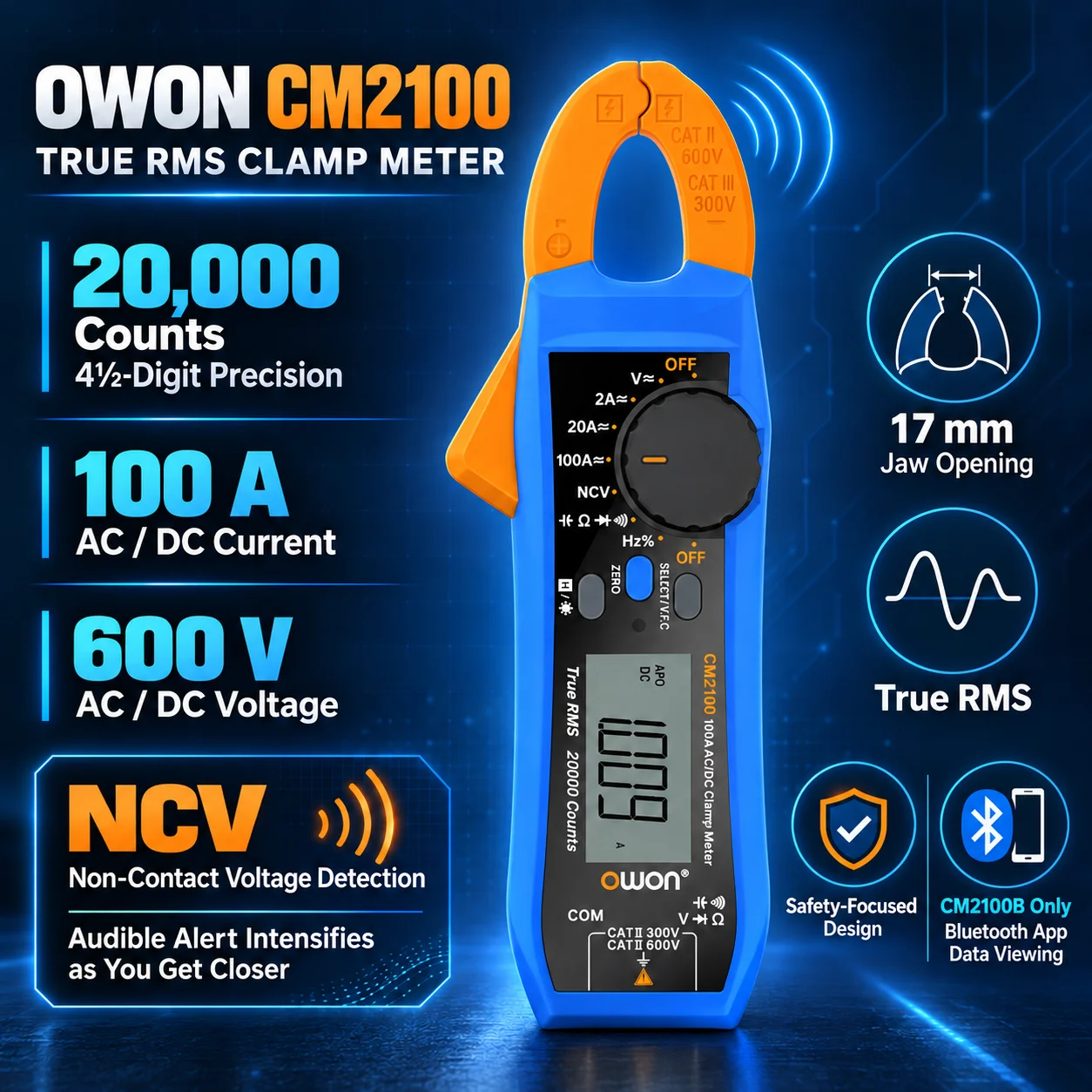 OWON CM2100 CM2100B Digital Clamp Meter 20000 Count True RMS High Precision ACDC Current Temp Resistance Diode Continuity Tester