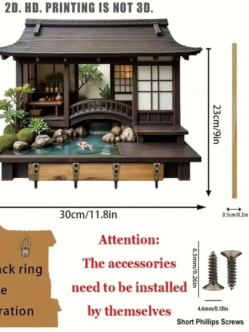 2D Retro houten sleutelhaak in Japanse stijl, multifunctionele huissleutelhouder voor veranda, wanddecoratie en keukenopslag - afbeelding 2