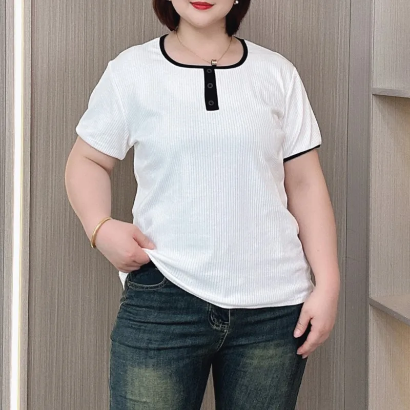 Thread Square Neck Shoulder Short Sleeve T-shirt Women Summer 2024 New Plus Size Matching Color Tops