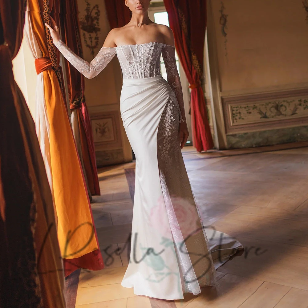 

LRosella элегантное кружевное свадебное платье с открытыми плечами и цветами, с длинными рукавами и шлейфом, свадебное платье, платья de novia 2025