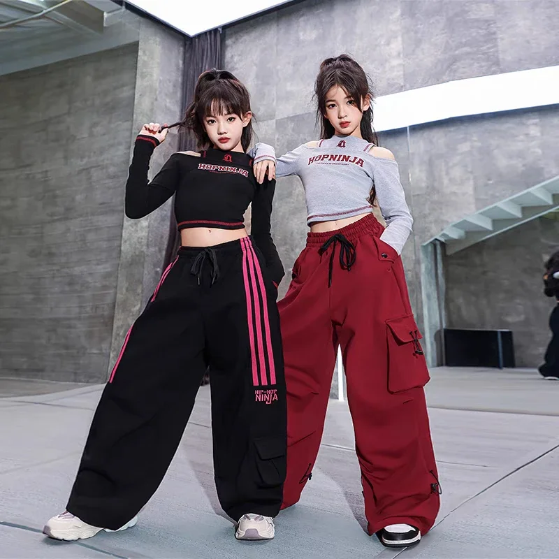 Novos trajes de dança moderna jazz para meninas preto cinza colheita topos calças largas terno adolescentes crianças hip hop dança rua roupas palco