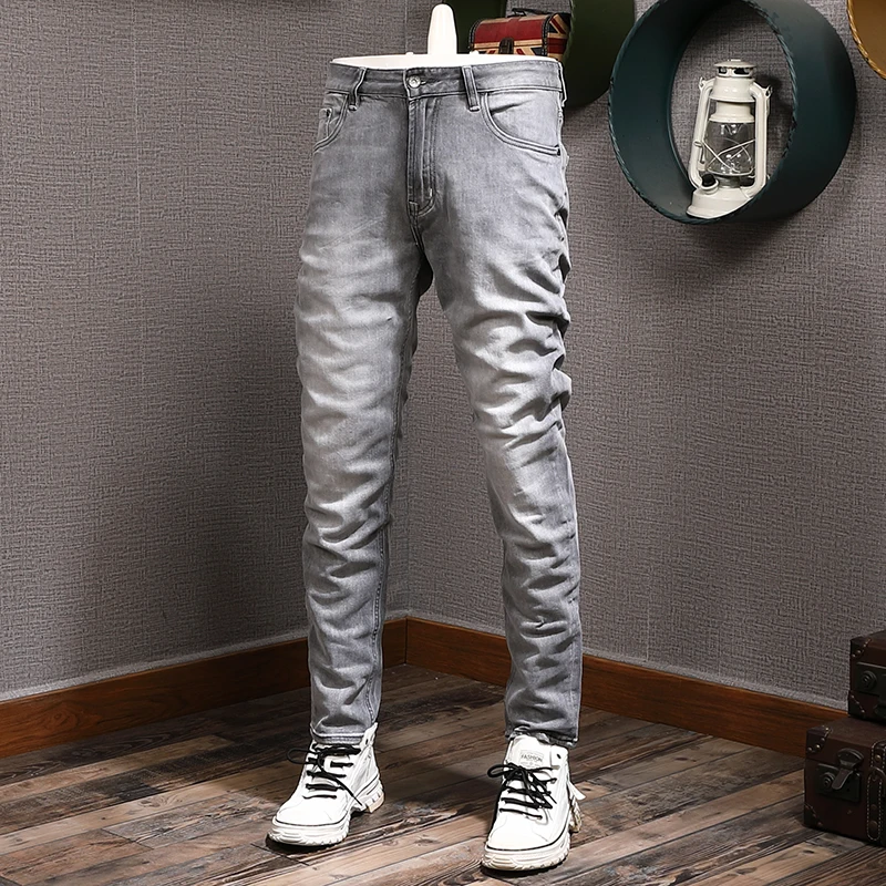European Vintage Fashion Men Jeans Retro Gray High Quality Elastic Slim Fit Ripped Jeans Men Casual Designer Denim Pants Hombre