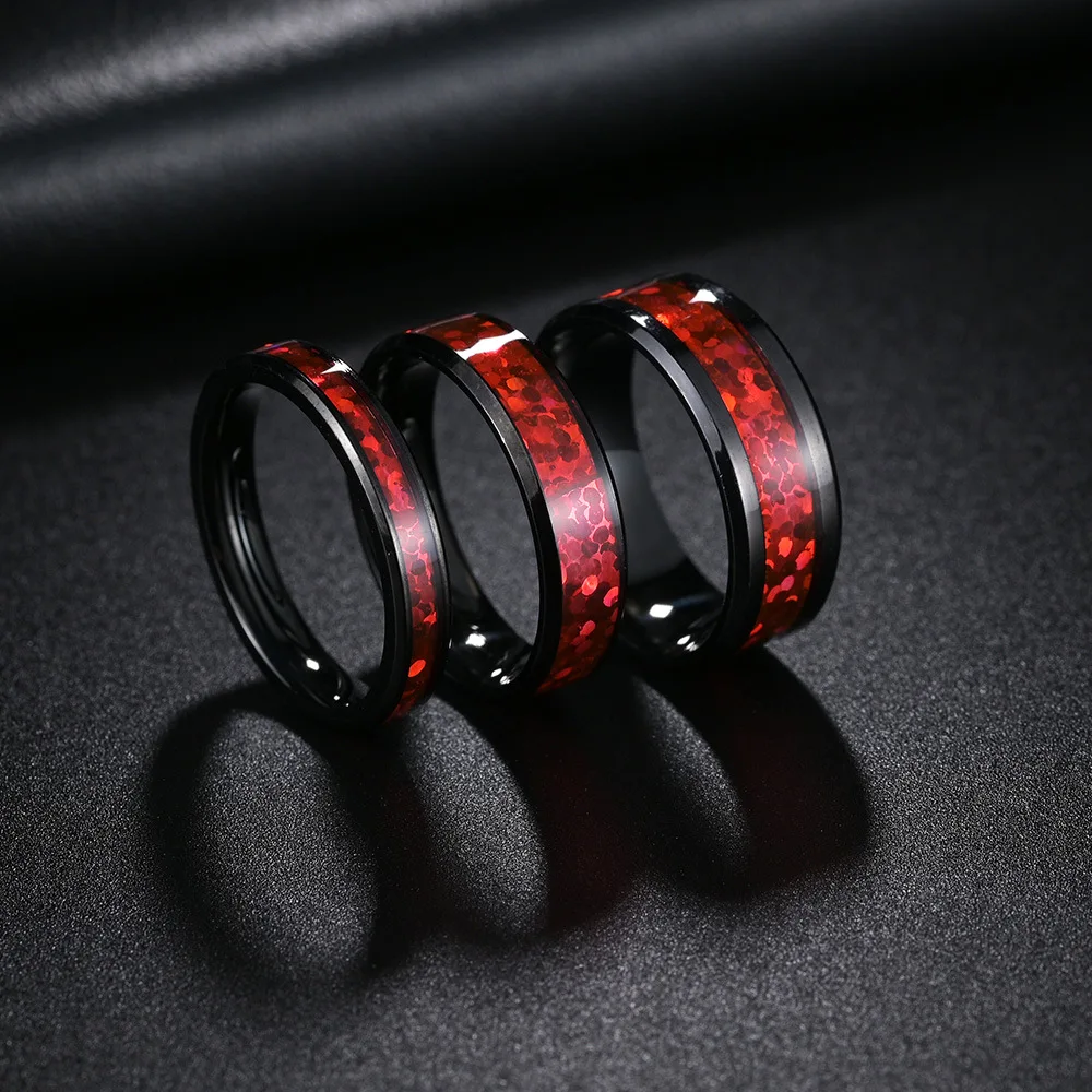 

4MM 6MM 8MM 2025 New Fashion Punk Inset Red Carbon Braze Men's And Women's Proposal Ring Charm Stainless Steel Jewelry Gift