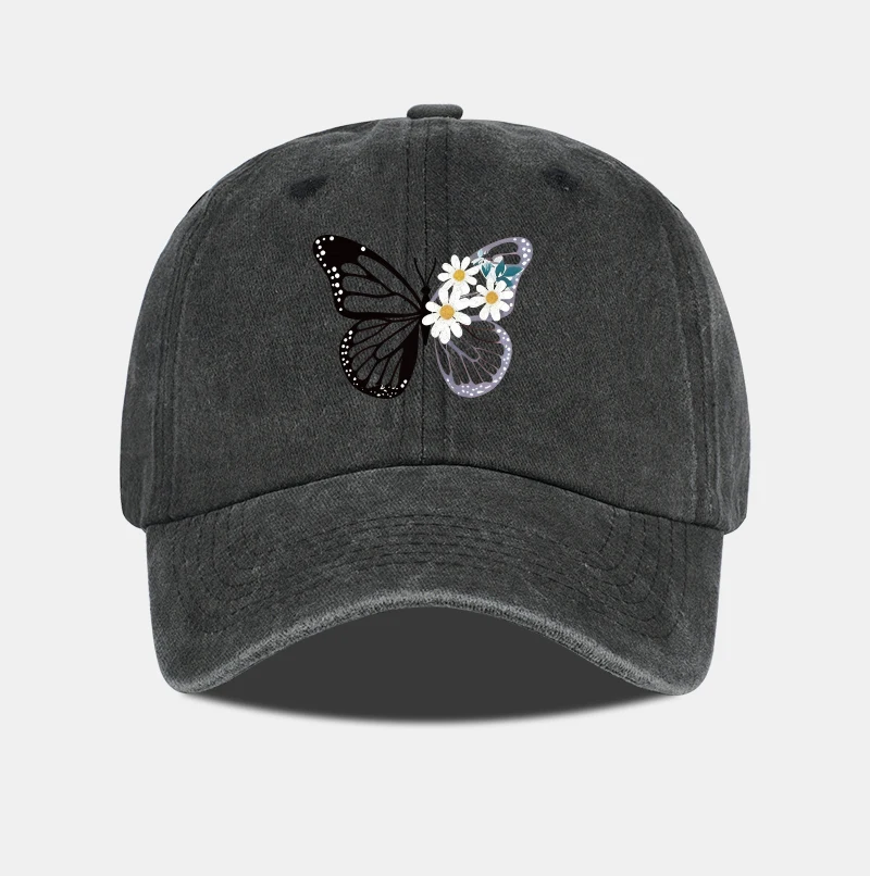 Gewaschene Baseballkappe mit Schmetterlings- und Gänseblümchen-Print – verstellbarer Unisex-Retro-Sonnenhut mit Blumenmuster, perfekt für Camping und Urlaub – Detail 5