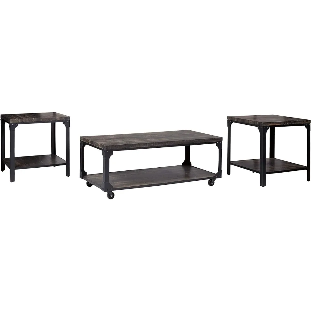 Jandoree Industrial 3-Piece Table Set, Includes Coffee Table and 2 End Tables, Brown & Black