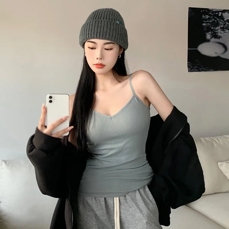 

Autumn Winter Women Tank Top Solid Colour V Neck Plush Thicken Slim Warm Versatile Sleeveless Bottoming Tank Top