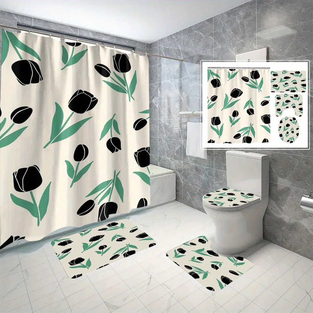 

4шт весеннего украшения для ванной комнаты с узором черной розы, занавески для душа, U-образный коврик, коврик для сиденья унитаза, нескользящий коврик