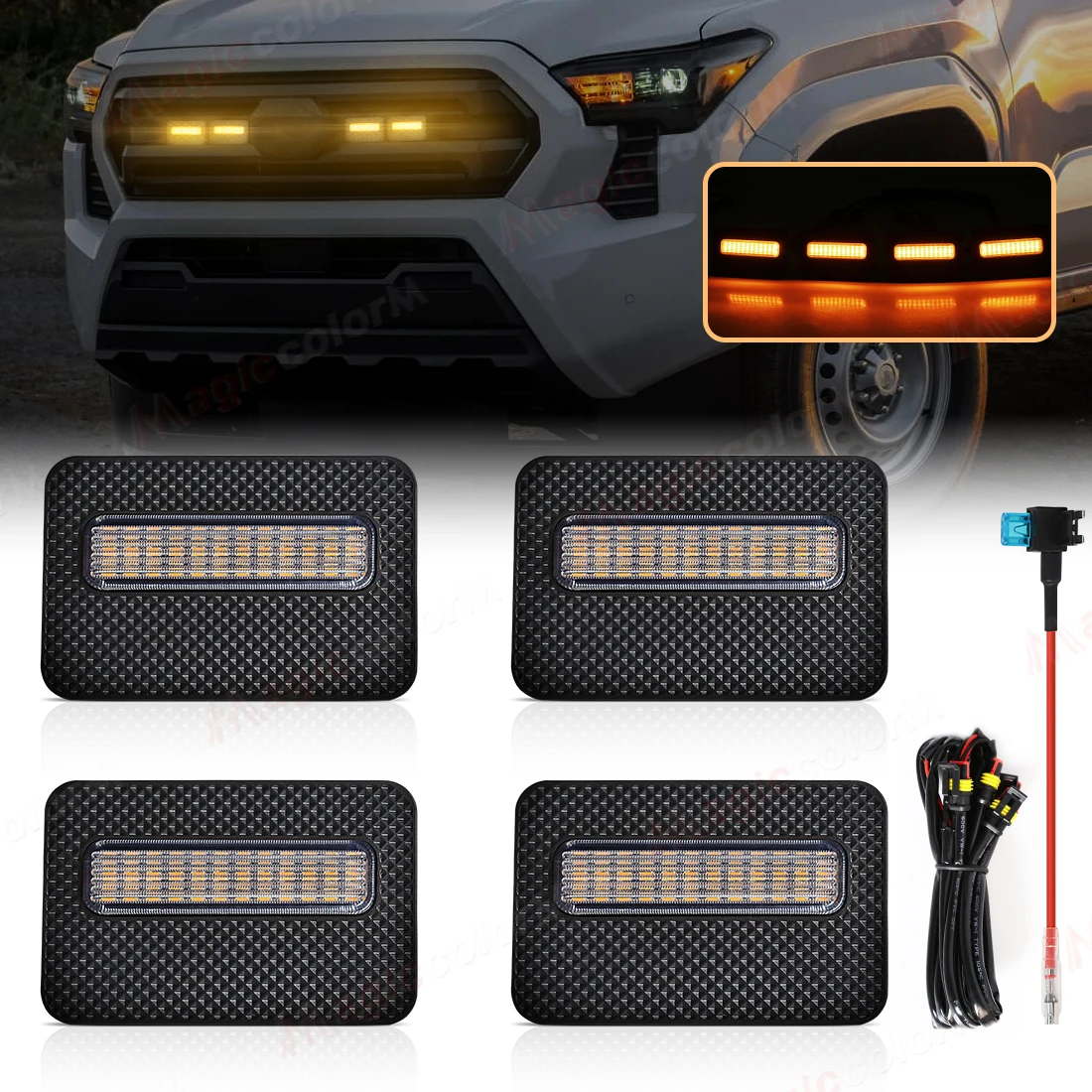

1 Set For Toyota Tacoma SR SR5 2024 Car Front Bumper Grille Light LED Daytime Running Lamp Yellow Grid Warning Light Headlight