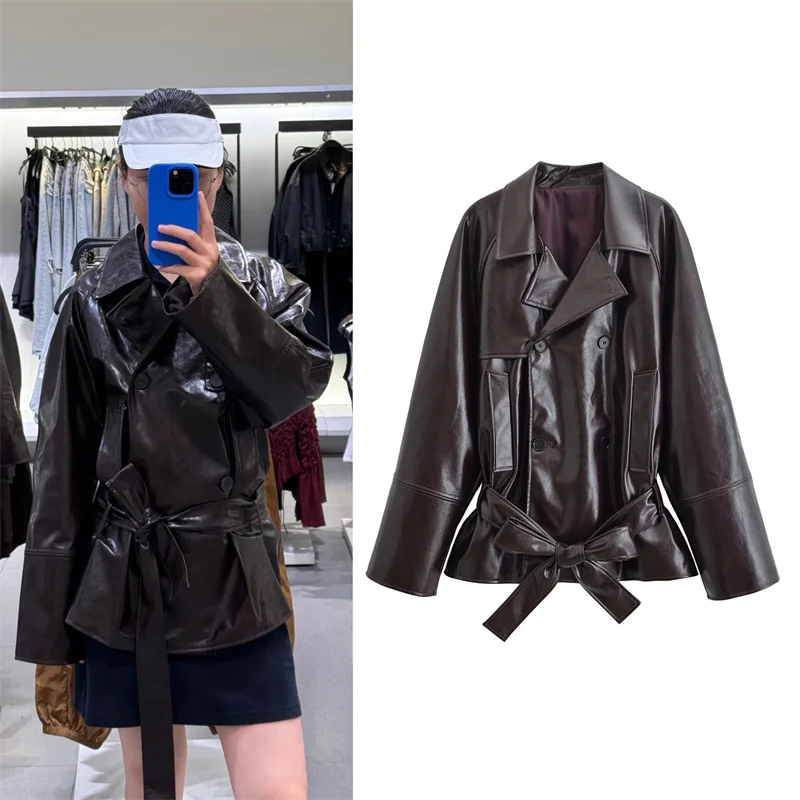 Manteau femme 2025 automne nouveau Style marron foncé Faux cuir brillant à lacets décoré Trench manteau moto Style personnalité Fas