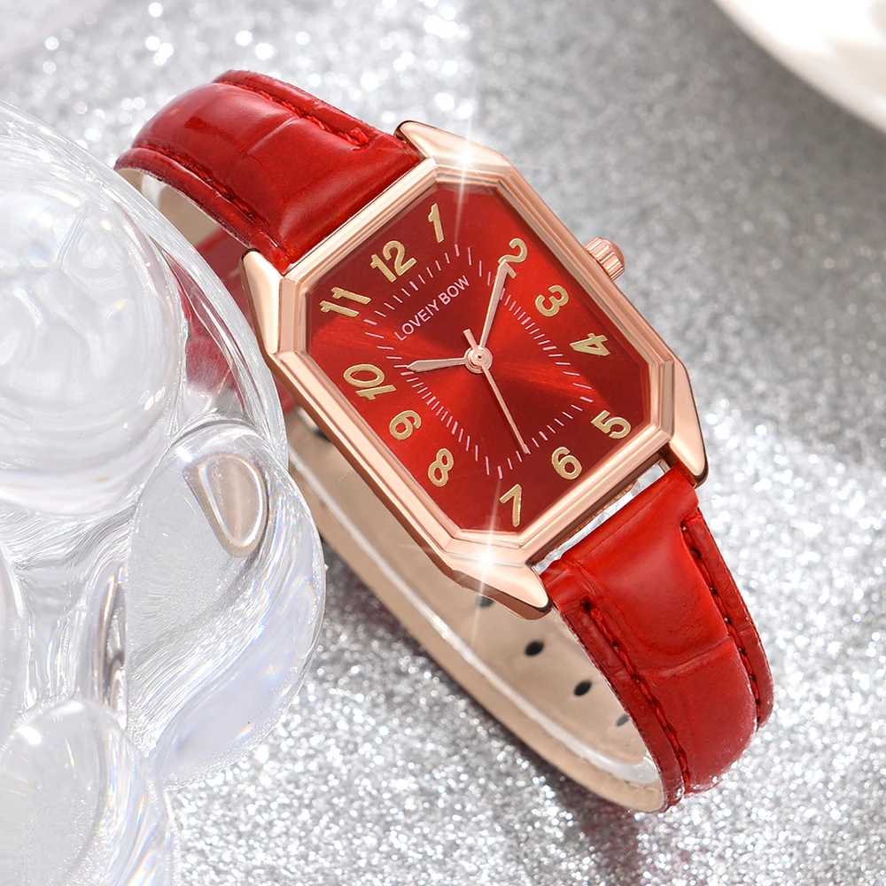 Red Ladies Watch 6PCS/Set Rectangular Dial Quartz Wristwatch PU Leather Strap Watch Butterfly Element Jewelry Set Gift For Girls