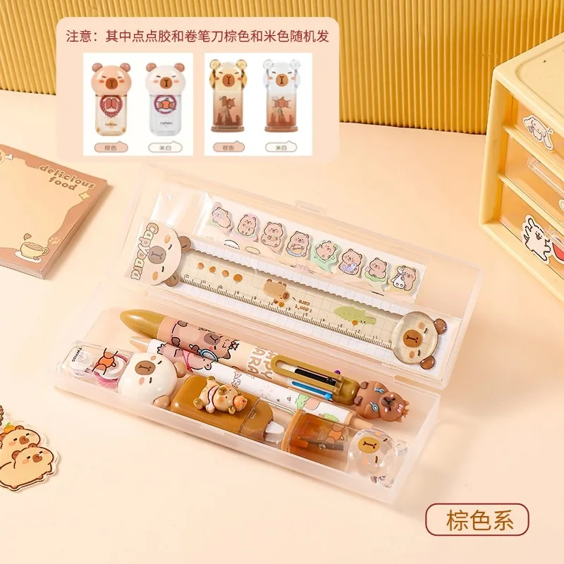 1set Capybara Stationery Set Ruler Ballpoint Pen Gel Pen Correction Tape Sticky Note Pencil Case Cute Stationery Gifts Wholesale