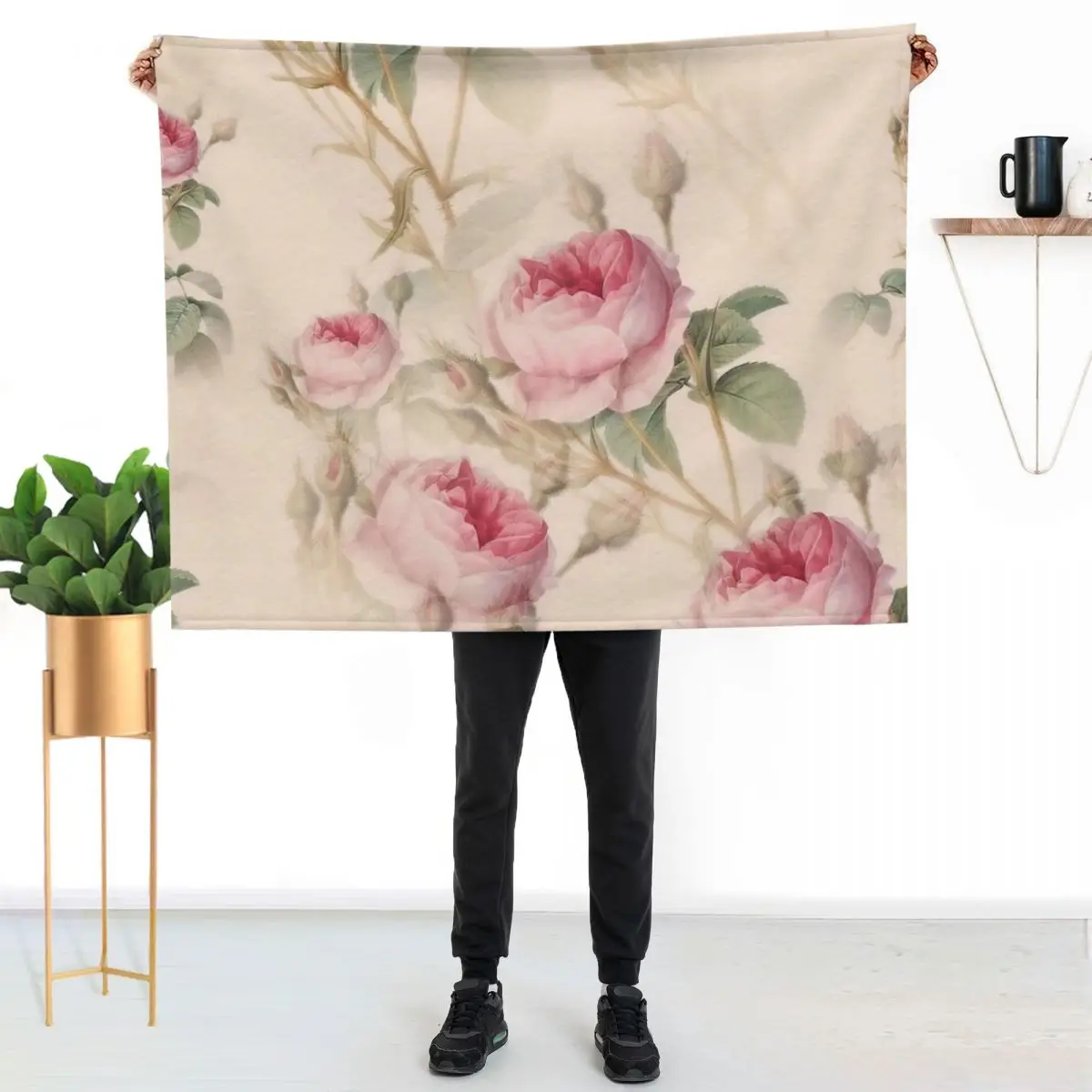 Pink Roses Vintage Throw Blanket Foldable Soft Warm Blanket for Outdoor Use