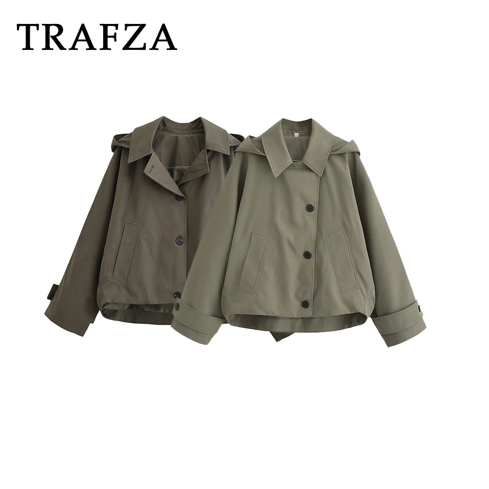 

TRAFZA Chic 202, осеннее женское однотонное ветрозащитное свободное однобортное пальто в стиле плаща, модное повседневное ветровое пальто с капюшоном и карманами