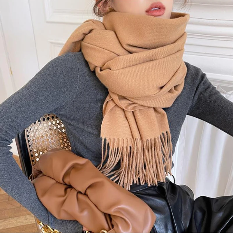 2024 Winter Solid Thick  Scarf Women Artificial Cashmere Scarves Neck Head Warm Hijabs Pashmina Lady Shawls Wraps Bandana Tassel