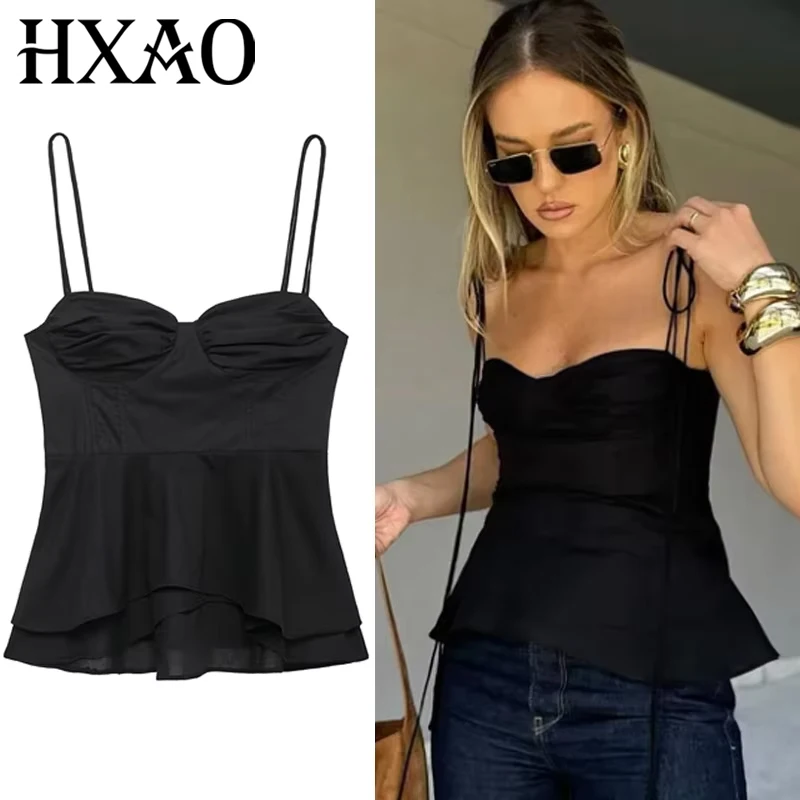 HXAO 2025 Woman Slip Corset Top Women Summer Black Layered Crop Camisole Top With Straps Bustier Ruffled Lace-Up Sleeveless Vest