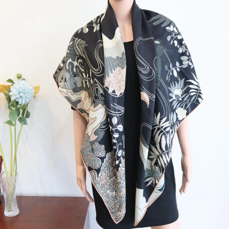 Birdtree 30%Real Silk 70%Wool Scarve Double-sided Hand Crimping Swan Print Comfortable Warm Mom's Gift Shawl Spring A41408QD