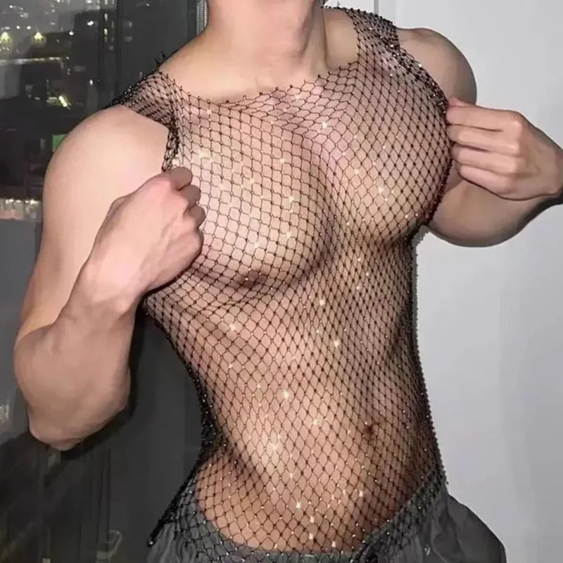 European & American Style Rhinestone Sexy Men's Diamond-Studded Openwork Vest Sheer Fishnet Nightclub Performance Mesh Menswear