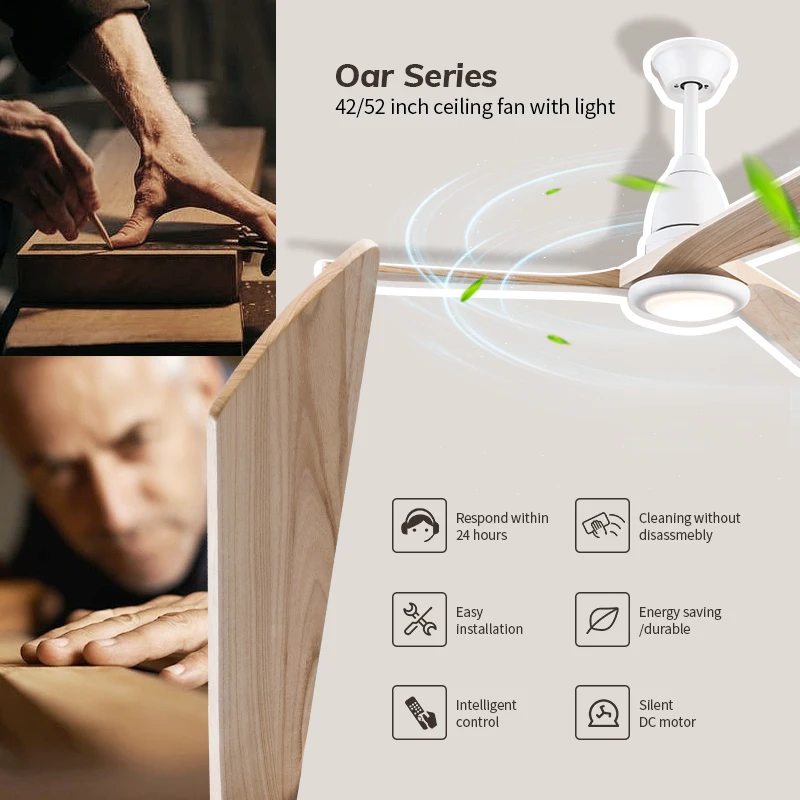 Imagem -03 - Modernos Ventiladores de Teto de Madeira com Luzes e Remoto Silencioso Reversível dc Motor Cores Led Light Lâminas Velocidades 42