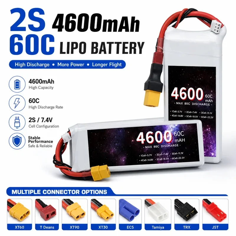 for 7.4V 4600mAh 60C Lipo Battery for RC Car Ship Fixed Wing Drone Model Aircraft High Discharge Rechargeable Power Cell
