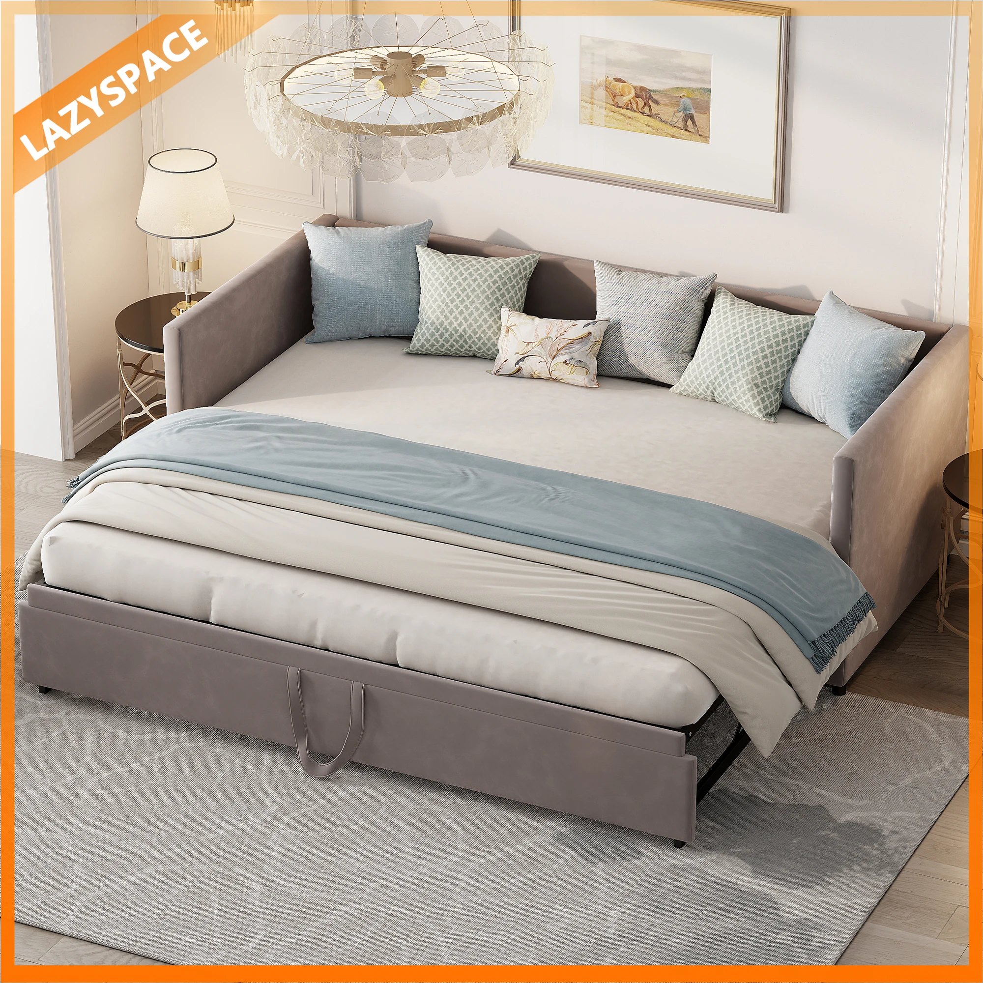Comanlai Ausziehbares Schlafsofa mit Lattenrost, 90 x 200 cm großes Sofa, einziehbares, zusammenklappbares Bett bis 180 x 200 cm, Samtstoff, Grau/Beige