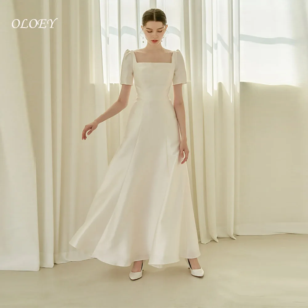 

OLOEY Simple Square Neck A Line Wedding Party Dresses Photo shoot Korea Short Sleeves Satin Ankle Length Bride Gowns Customized