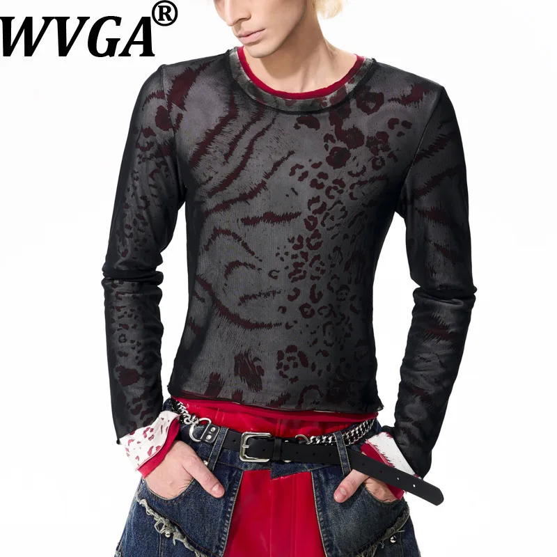 

WVGA Spring Autumn New Man Printed Long Sleeved T-shirts Patchwork Semi-Transparent Mesh Niche Chic Casual Base Tops Ins W12560