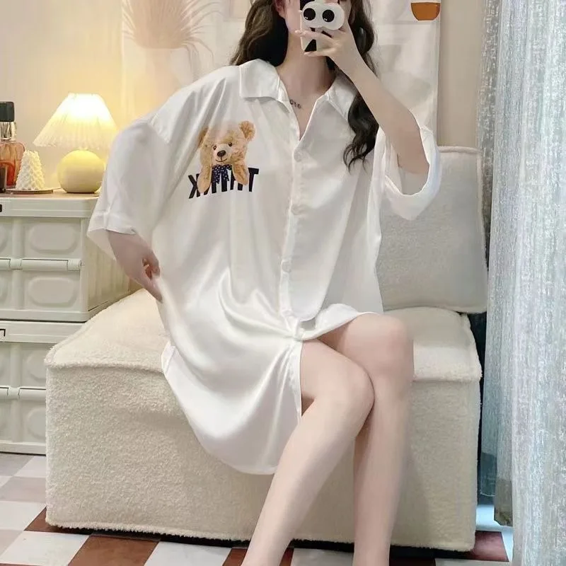 Extra-large Short Nightdress Women Summer 2024 New Loungewear French Thin Shirt Half Sleeve Pajamas Women V-neck Homewear