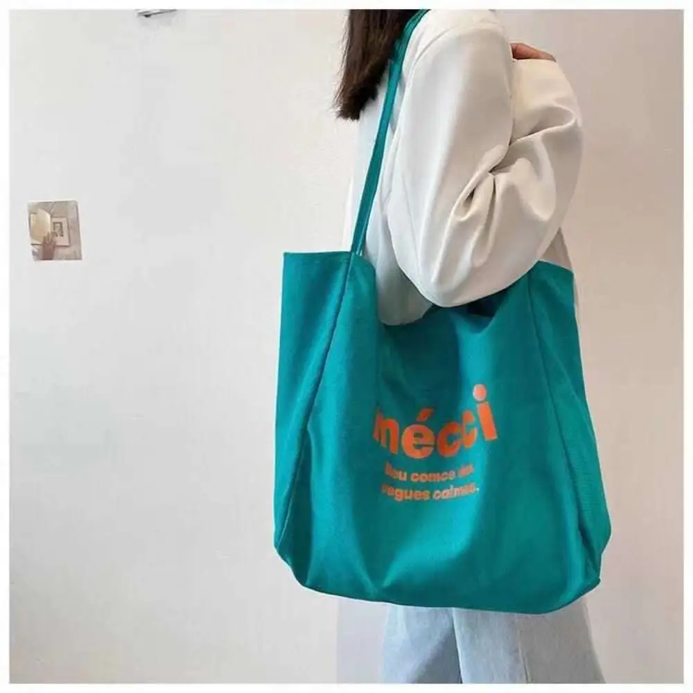 1PC Solid Color Print Shoulder Bag Autumn Print Large Capacity Shopping Bag Student Canvas Books Handbag