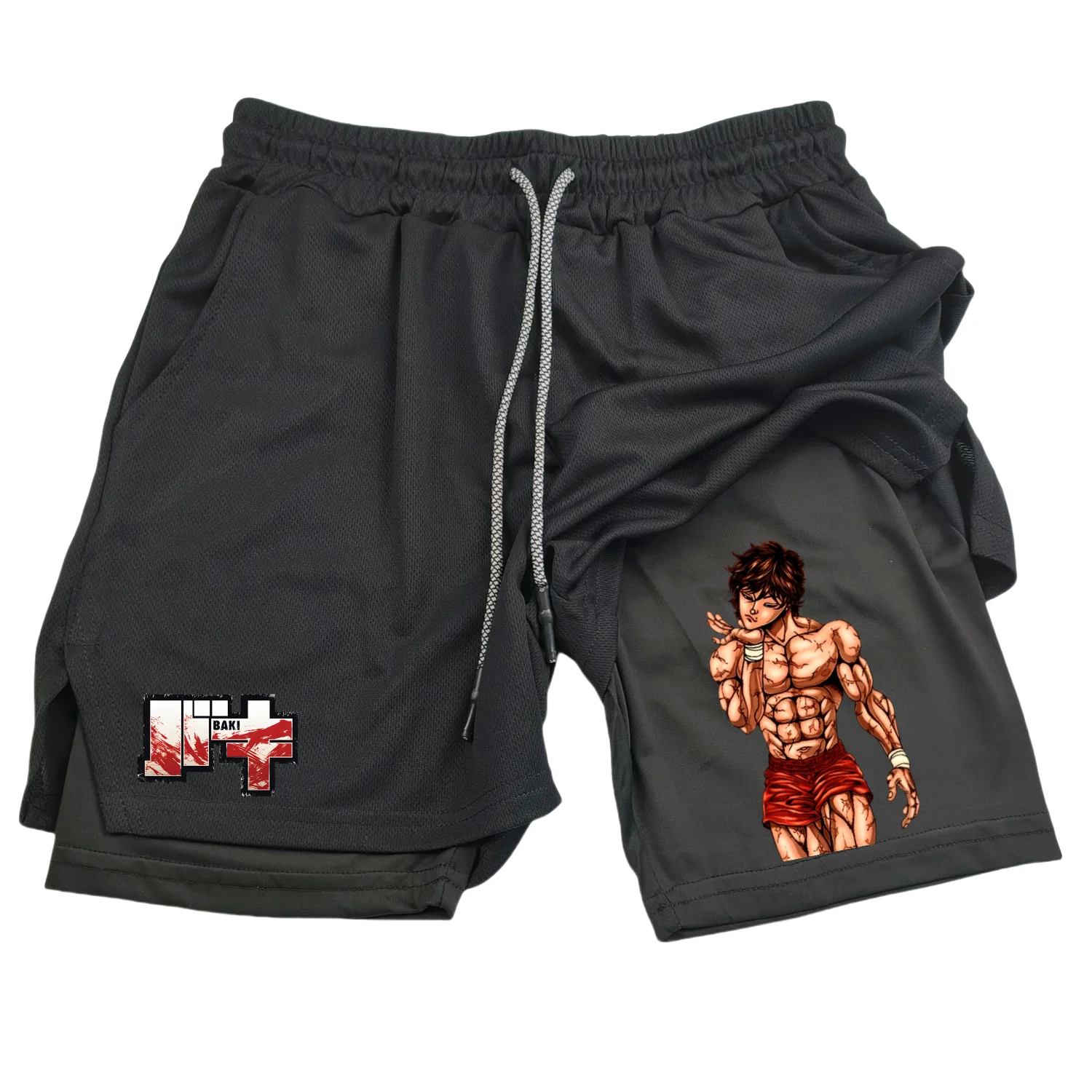 Anime Hanma Baki Gym Shorts schwarz für Männer 2 in1 Mesh schnell trocknen Board Shorts Herren Bodybuilding Fitness Laufen kurze Hosen Sommer