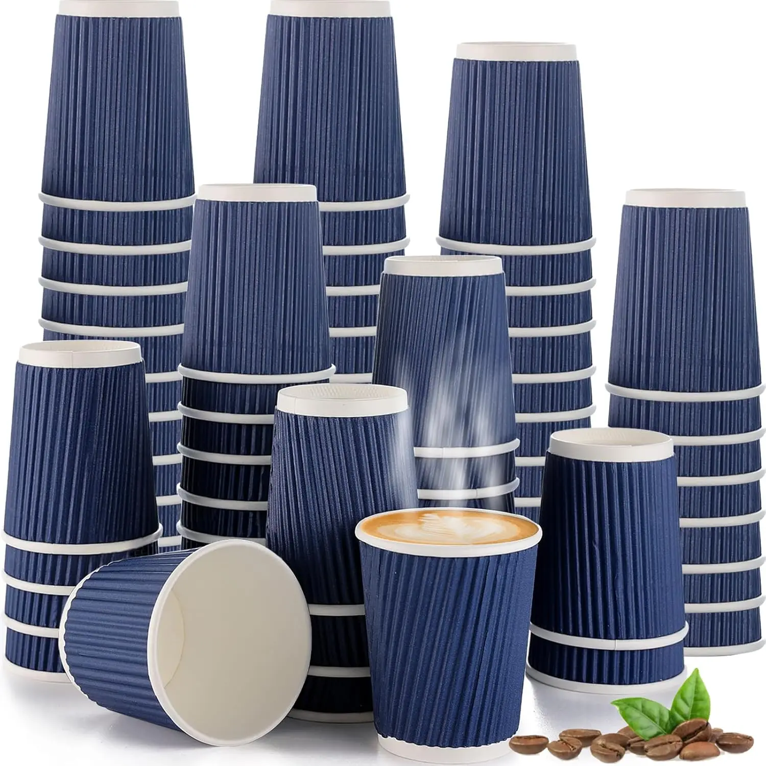 

120 Pack 8 oz Disposable Coffee Cups, Insulated Corrugated Blue Paper Cups, Kraft Ripple Wall Paper 8 oz Espresso Cups f