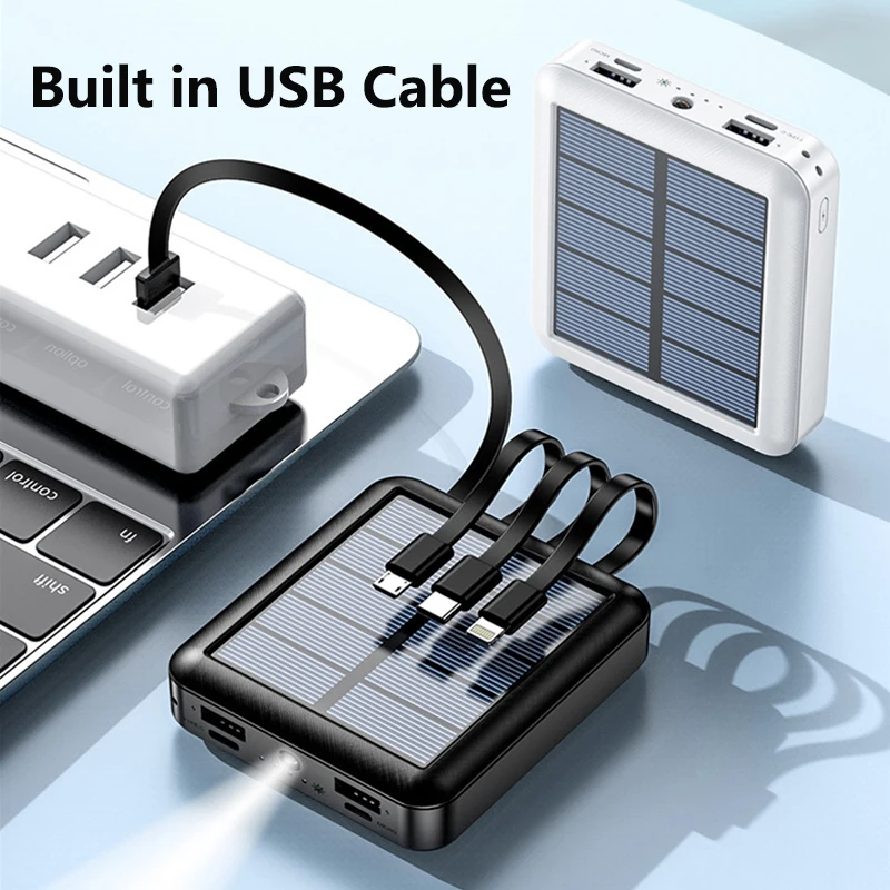 Mini banco de energía Solar de 20000mAh, Cable incorporado, cargador portátil, Powerbank para iPhone, Samsung, Huawei, Xiaomi, batería de repuesto externa