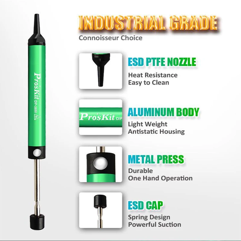 Imagem -04 - Proskit Mini Alumínio Alloy Tin Sucção Dispositivo Anti-static Desoldering Pump Tamanho Compacto e Poderosa Sucção Dp366i