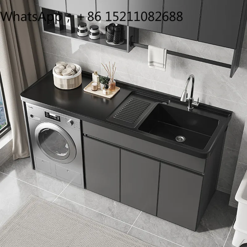 SCY arc stainless steel washing machine balcony integrated cabinet with rubbing board washbasin sink laundry table
