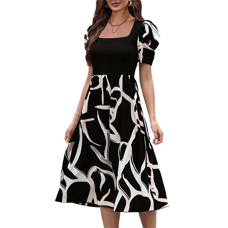 

Women's Dress Autumn Winter Fashion Knitted Print Stretch Square Neck Fit Short Puff Sleeve Midi Prom Dresses For Women