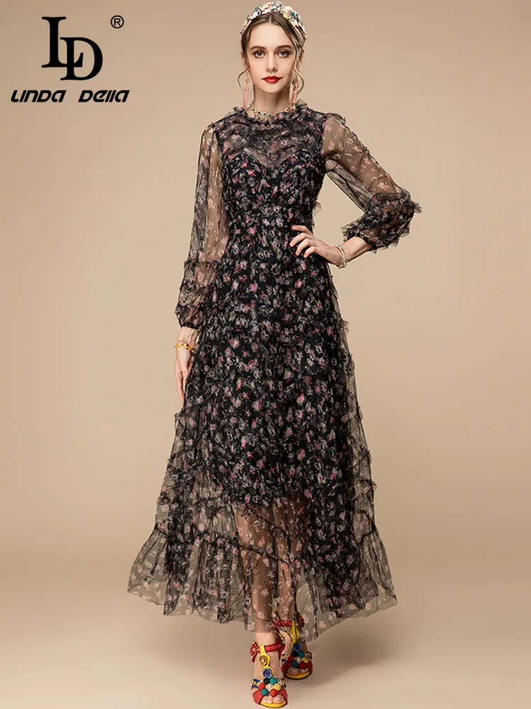 LD LINDA DELLA 2023 New Spring Fashion Runway Dress Women's Long sleeve Ruffles Floral print Black Mesh Vacation Long Dress