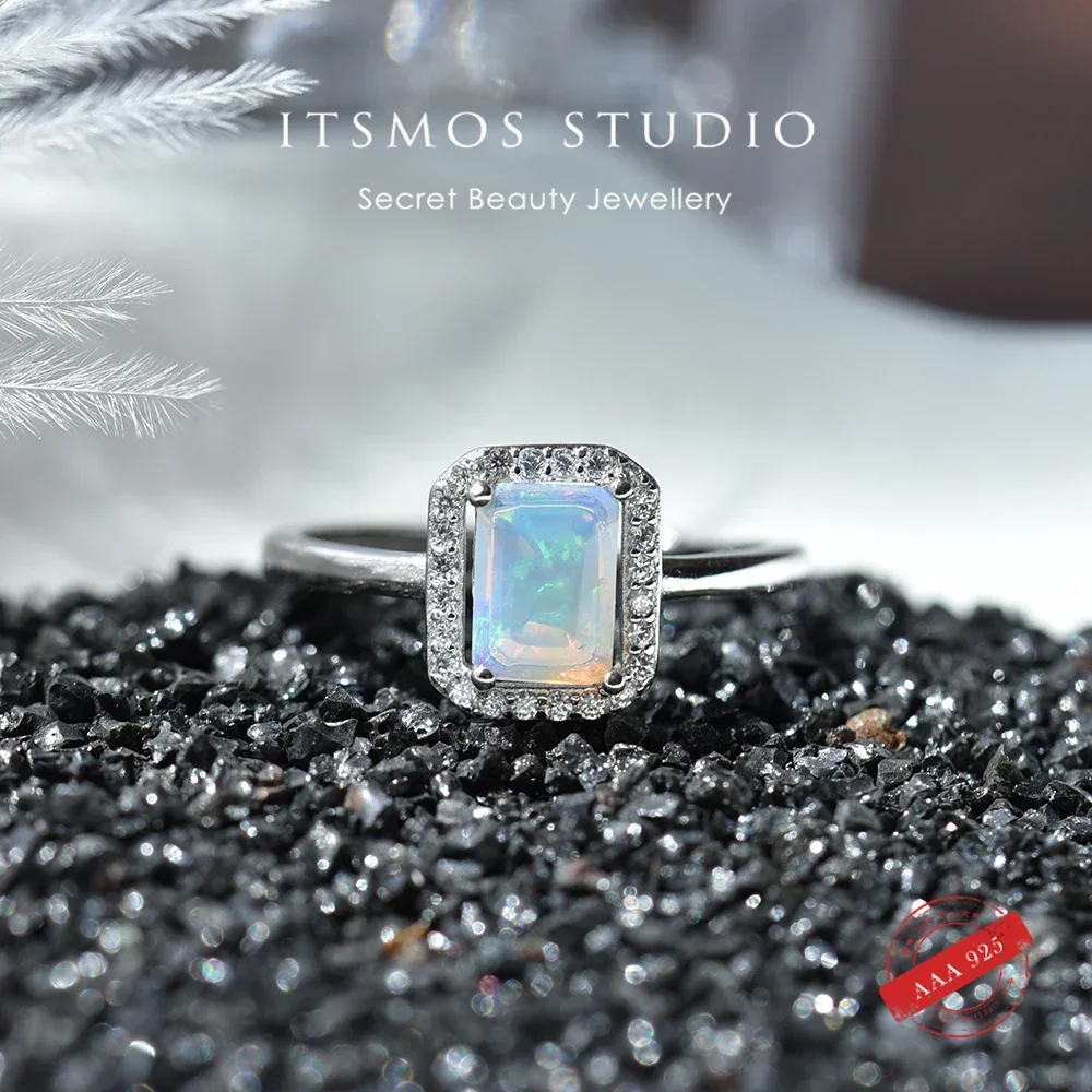 

ITSMOS Natural Faceted Opal Ring s925 Sterling Silver Square Cut Pave CZ Australian Opal Delicate Jewelry Rings for Women
