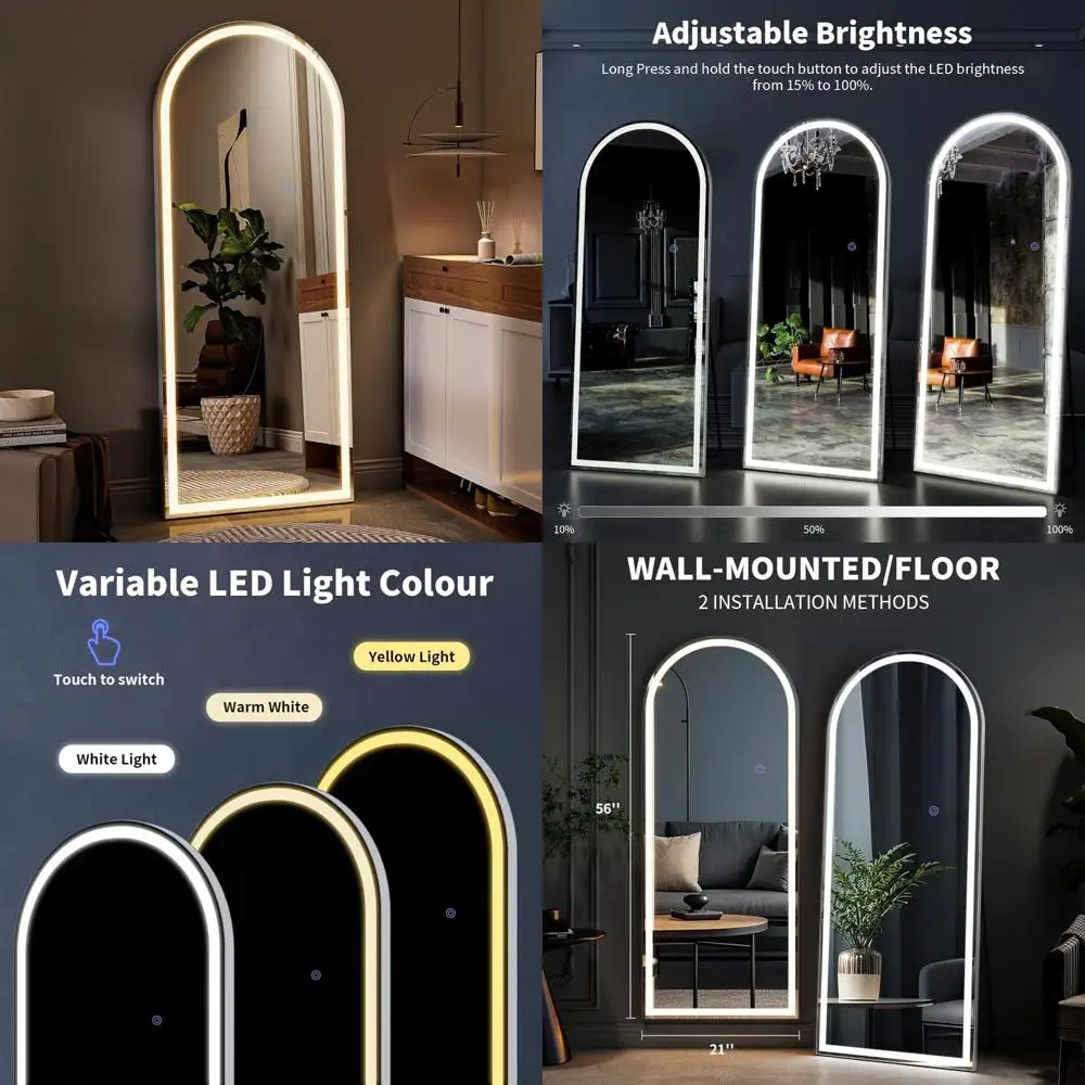 調光可能な3色モード付き、自立式または壁掛け式のフルレングスLEDライト付きアーチ型フロアミラー