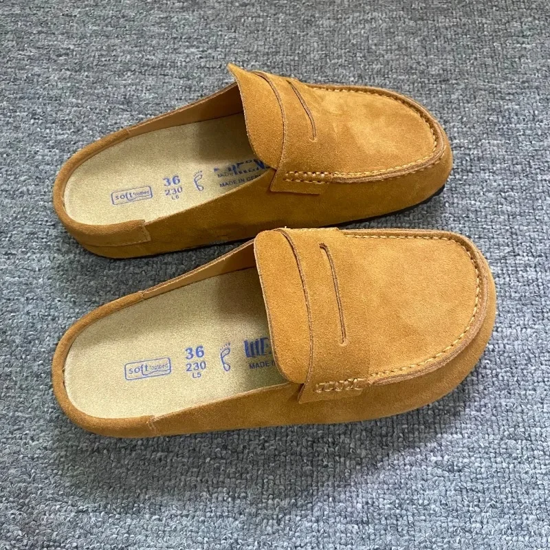 Fashionable cowhide toe cap half drag one foot kick thick soled lazy shoes men's retro casual comfortable breathable slippers